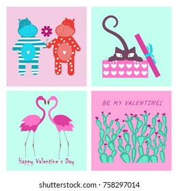 Set of funny animals and love elements and heart for Valentines day banners. Vector illustration eps 10.