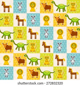 Set of funny animals Mouse lion cow dinosaur tiger horse seamless pattern. Polka dot background with green blue orange square. Vector