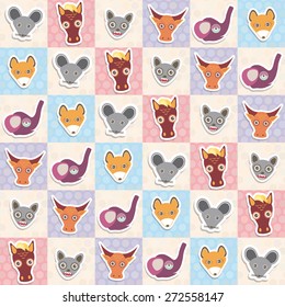 Set of funny animals muzzle horse bat cow elephant fox rat seamless pattern with pink lilac blue square. Vector