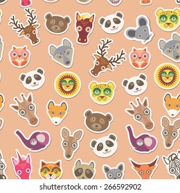 Set of funny animals muzzle seamless pattern. pink peach background. Vector