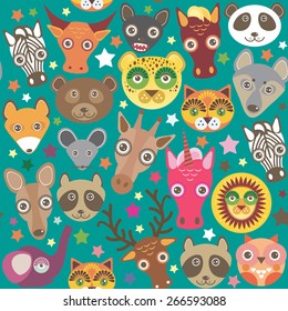 Set of funny animals muzzle seamless pattern. Teal background with stars. Vector