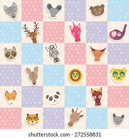 Set of funny animals muzzle seamless pattern with pink lilac blue square. Vector