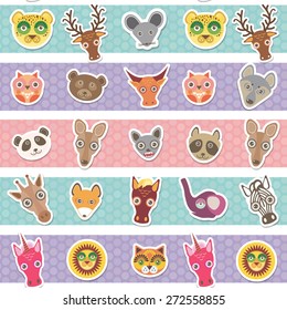 Set of funny animals muzzle seamless pattern with pink lilac blue stripes. Vector