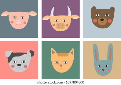 Set of funny animals. Pig, cow, bear, dog, cat and hare