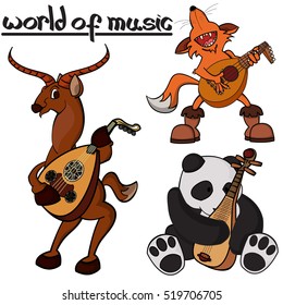 Set of funny animals playing traditional instruments. Fox with lute, impala with oud and panda bear with pipa . Hand drawn vector cartoon illustration.