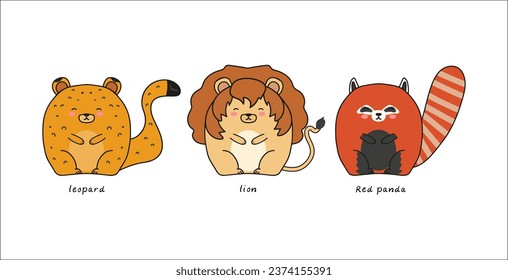 set of funny animals, red panda, leopard,  lion, doodle colorful vector illustration