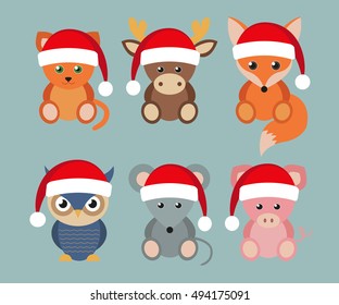 Set of funny animals in Santa hats, Christmas and New Year holidays in the flat style. Lovely cartoon style.