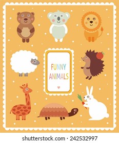 set with funny animals: teddy, koala, lion, tortoise, urchin, sheep, giraffe, bunny