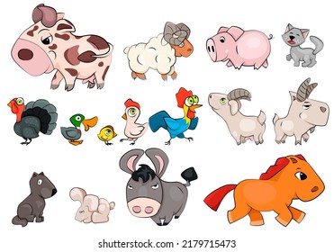 Un conjunto de animales graciosos que viven en la granja. Ilustración vectorial plana