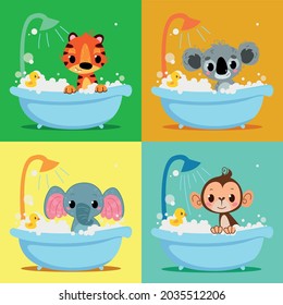 Un conjunto de animales divertidos que se sientan en un baño con espuma y un pato de goma. Tigre, koala, elefante y lavado de monos en agua. Arte de personajes vectores en el estilo de los niños de dibujos animados