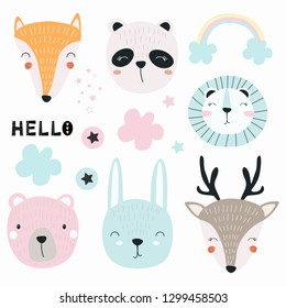 Set of funny animals. Vector illustration, with the image of a Fox, deer, lion, hare, Panda and bear, handmade, for printing on dishes, bedding, gift packaging, sticker, poster, label. Cute baby 