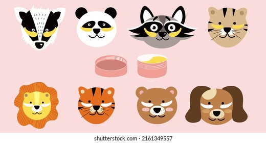 A set of funny animals wearing patches under their eyes. Cartoon. Vector stock illustration. Skin care. Beige background