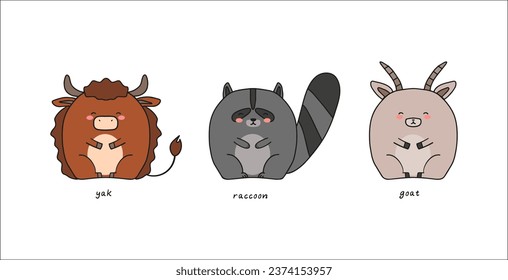 set of funny animals, yak, goat, raccoon, doodle colorful vector illustration