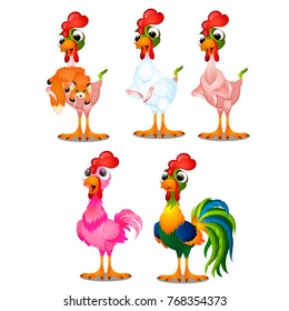 Set Of Funny Animated Hens And A Rooster Isolated On White Background. Sample Of Poster, Party Invitation, Festive Banner, Card. Vector Cartoon Close-up Illustration.