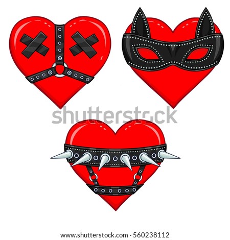 Set of funny animation hearts with erotic attributes. Vector illustration isolated on a white background. Valentine's Day card.