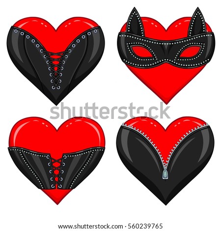 Set of funny animation hearts with erotic attributes. Vector illustration isolated on a white background. Valentine's Day card.
