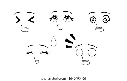 Set of funny anime faces. Hand drawn vector cartoon illustration. Isolated on white background. Isolated on white