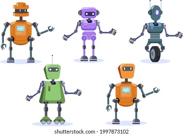 Conjunto de robots antropomórficos divertidos. Ayudas humanas para la automatización de la mano de obra. Inteligencia artificial y ciborg. Isolación de ilustraciones vectoriales en estilo de dibujos animados.