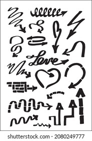 Set of funny arrows for menus, wedding, greeting cards decoration. Vector pointers in black and white. Simple arrow design.