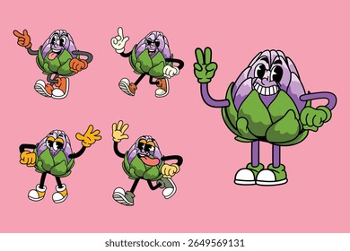 Conjunto de personagens engraçados de quadrinhos de quadrinhos retrô dos anos 70 com legumes de alcachofra
