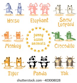 Set of funny asian animals drawing in cartoon style: horse, elephant, crocodile, monkey, panda, tiger, yak, snow leopard isolated on white background. Vector illustration