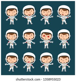 Set of funny astronaut in cartoon style in different poses and emotions isolated on dark background