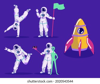 Astronautas divertidos en diferentes poses: de pie en el brazo, haciendo selfie con alienígena, bailando, sosteniendo la bandera. Carácter espacial para aplicaciones, juegos y diseño de cómics. Vector de dibujos animados planos