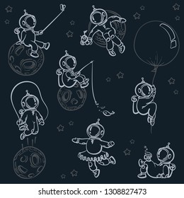 Set of funny astronauts in space. Cosmic set. Outline vector illustration of astronaut, stars, planets, moon