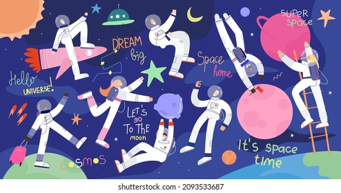 Set of funny astronauts traveling in space. Astronauts with planets, astronaut on a rocket, UFOs, planets, stars. Space exploration, space tourism. Hand drawn vector illustration 