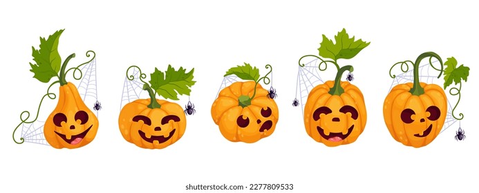 Set of funny autumn pumpkin characters with cobwebs and spiders.Cartoon vector graphics.