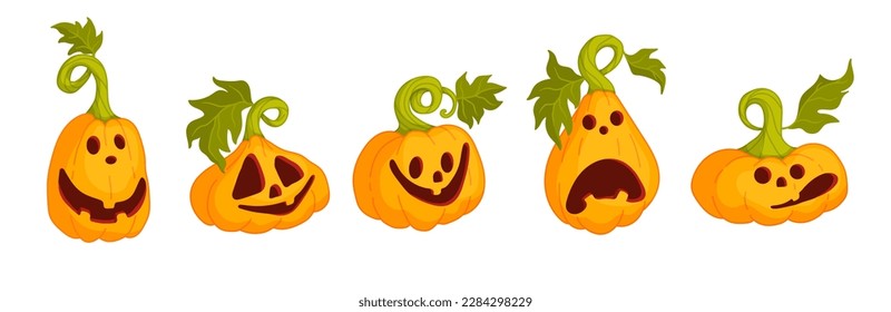 Set of funny autumn pumpkin characters. Halloween symbol, holiday decor. Vector cartoon graphics.