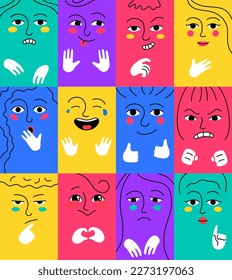 Set of funny avatars, colorful square emoji faces. Smiley characters with cute faces expressing positive and negative emotions collection doodle vector illustration - Shutterstock ID 2273197063