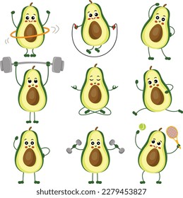 Set of funny avocado mascot making gym
