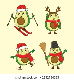 Set of funny avocado merry christmas greeting card vector illustration