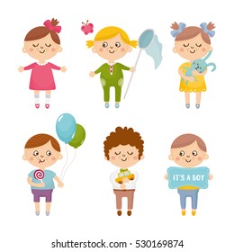 Conjunto de bebés divertidos sobre un fondo blanco. Personaje lindo de niñas y niños. 