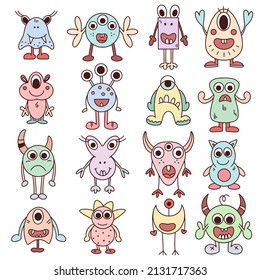 Set funny baby monsters. Cute fictional creatures hand drawn collection. Interesting fairy tale characters doodle isolated vector illustration
