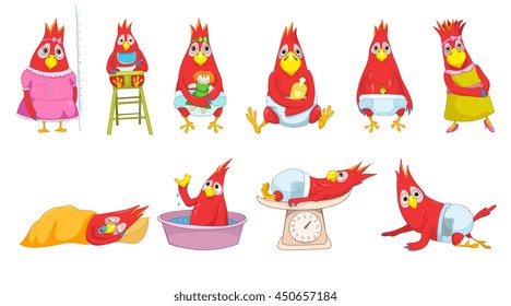 Set of funny baby parrots playing with toys, eating, lying on a scale, sleeping, crawling, washing in basin, measuring growth, sitting in baby chair. Vector illustration isolated on white background.