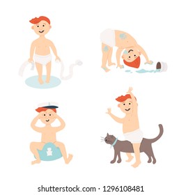 Set of funny baby's home activities: playing with toilet paper, riding on the cat, painting yourself with blue paint,  sits on the potty imagining himself the captain of the ship.