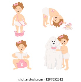 Set of funny baby's home activities: playing with mother’s things, hugs with her dog, painting yourself with cake’s cream,  sits on the potty and read interesting book.