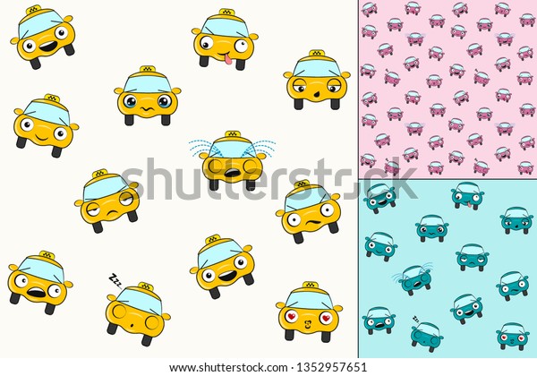 Set of Funny Backgrounds\
for Kids. Vector Seamless Texture. Cartoon cars with different\
emotions.