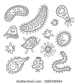 Set of funny bacteria and microbes hand drawn in black outlines. Lovely vector icon illustration.