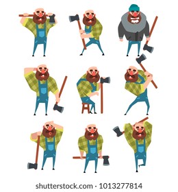 Set of funny bald lumberjack in different poses. Cartoon bearded man with axe. Woodcutter in blue coveralls, hipster plaid shirt, warm jacket, hat. Flat vector design