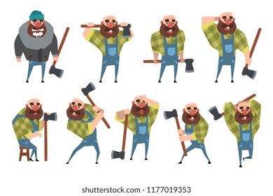 Set of funny bald lumberjack in different poses. Cartoon bearded man with axe. Woodcutter in blue coveralls, hipster plaid shirt, warm jacket, hat. Flat vector design
