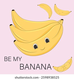 set of funny bananas. set of illustrations of funny live bananas big and small. be my banana inscription, picture with bananas for poster stickers or covers
