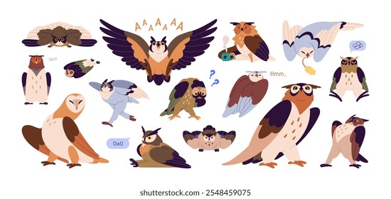 Set of funny barn, polar or eagle owls. Cute forest birds flying, sit, have fun with humorous muzzles. Comic sleepy owlet with cup of coffee. Flat isolated vector illustrations on white background.