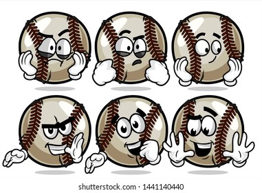set of funny baseball Ball cartoon character Mascot with various face expression. Vector Illustration Isolated On White Background