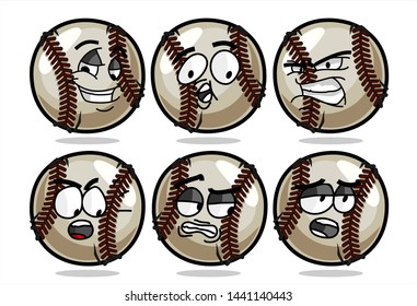 set of funny baseball Ball cartoon character Mascot with various face expression. Vector Illustration Isolated On White Background