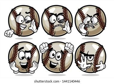 set of funny baseball Ball cartoon character Mascot with various face expression. Vector Illustration Isolated On White Background