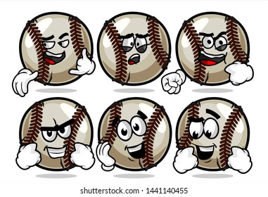 set of funny baseball Ball cartoon character Mascot with various face expression. Vector Illustration Isolated On White Background