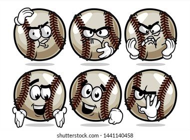 set of funny baseball Ball cartoon character Mascot with various face expression. Vector Illustration Isolated On White Background